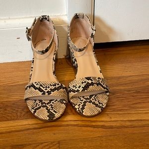 Womens two strap heeled sandal in snake skin